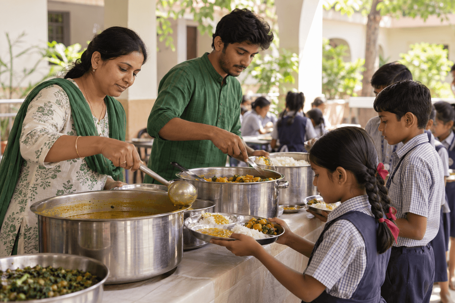 Volunteers serving a nutritious meal to children